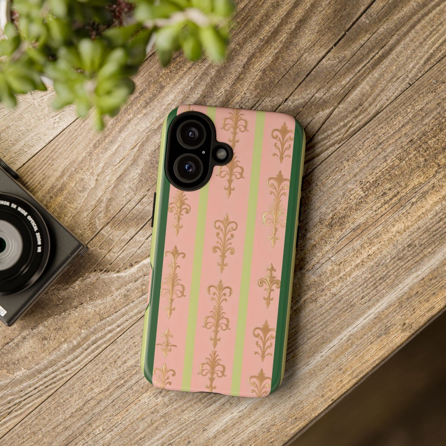 Elegant Floral Motif Phone Case - Tough Cases with Vintage Design - Lime Green & Pink Striped Damask