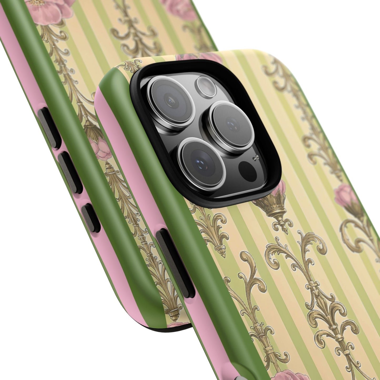 Elegant Floral Motif Phone Case - Tough Cases with Vintage Design - Lime Green & Pink Striped Damask