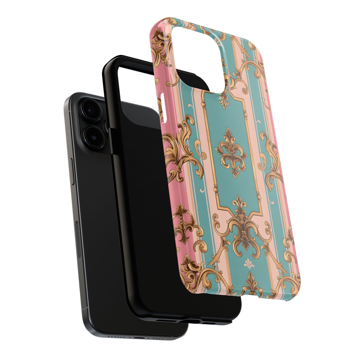Elegant Floral Tough Phone Case, Artistic Phone Cover, Gift for Her, Chic Phone Accessory - Pink & Matte Turquoise Striped Rococo