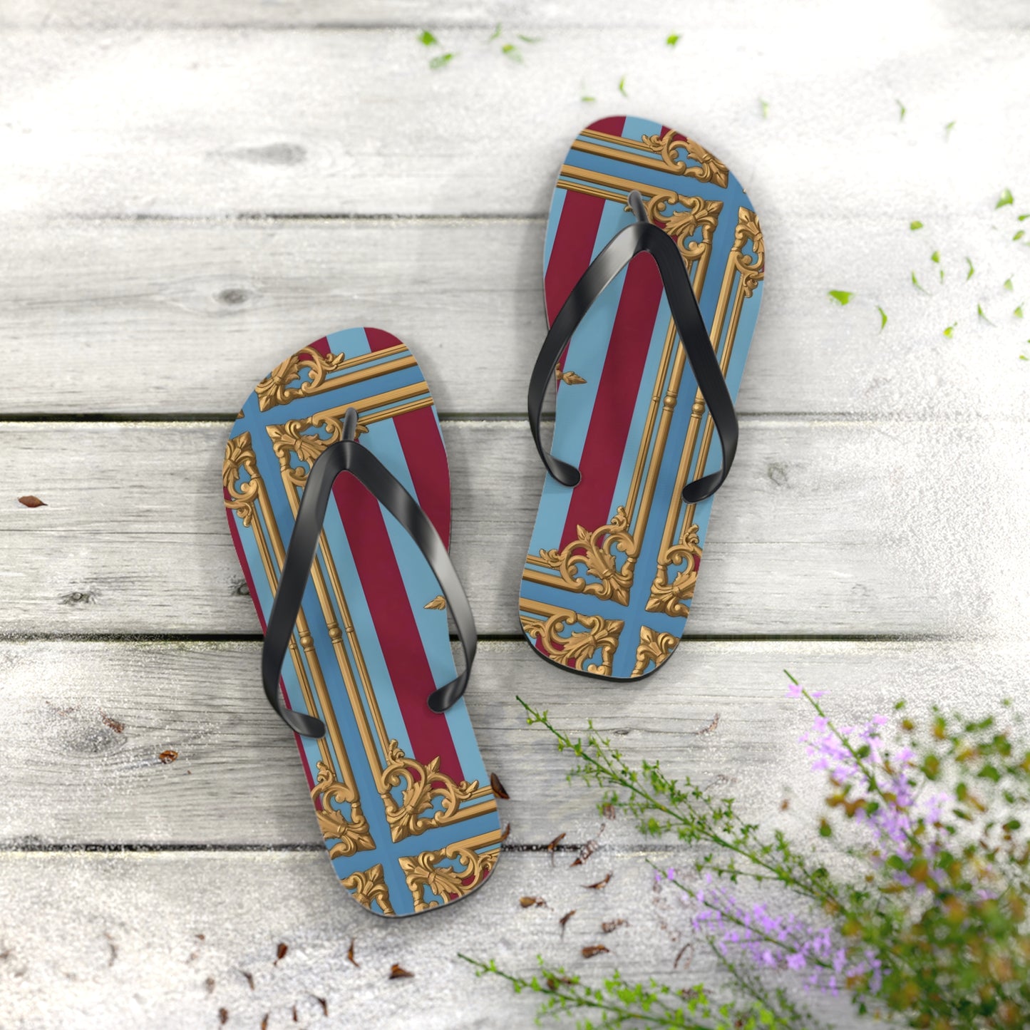 Ornate Design Flip Flops, Elegant Summer Sandals, Beach Vacation Footwear, Perfect for Weddings - Sky Blue & Maroon Striped Baroque
