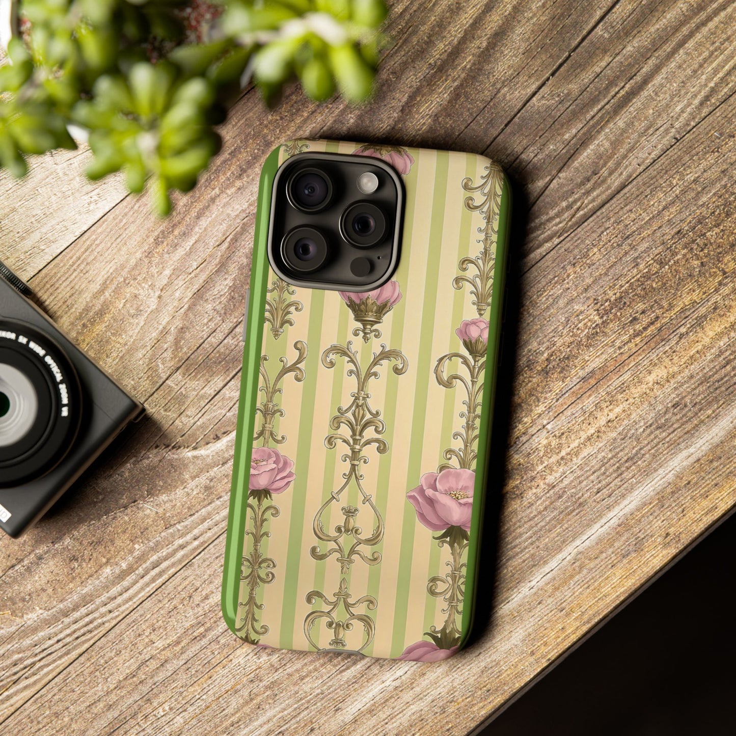 Elegant Floral Motif Phone Case - Tough Cases with Vintage Design - Lime Green & Pink Striped Damask