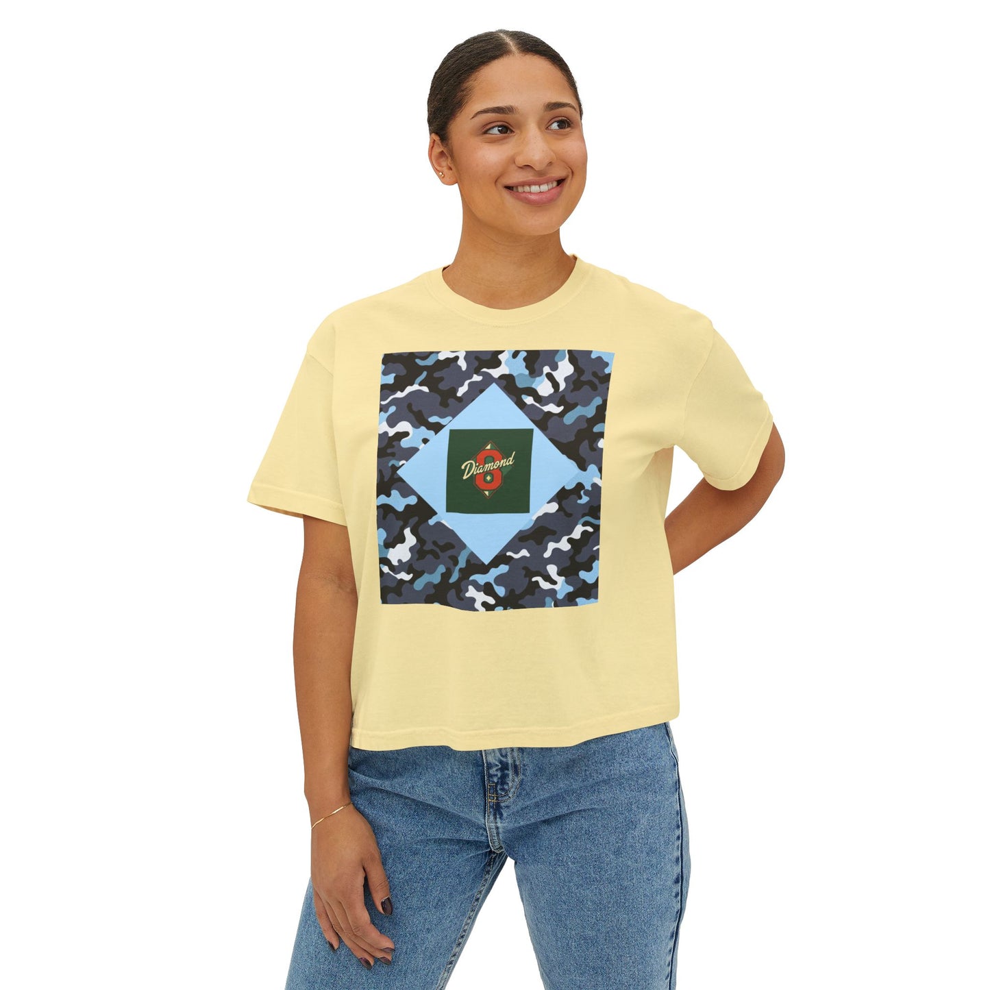 Camouflage Women's Boxy Tee, Casual Outfit, Relaxed Style Tee, Everyday Wear, Gift for Her, Comfortable Top - Blue Camo Diamond 8