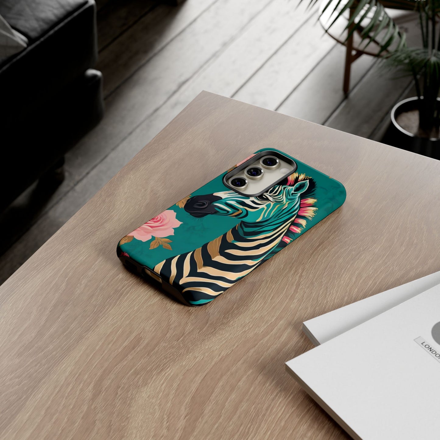 Phone Case - Elegant Teal & Gold Zebra & Roses Design
