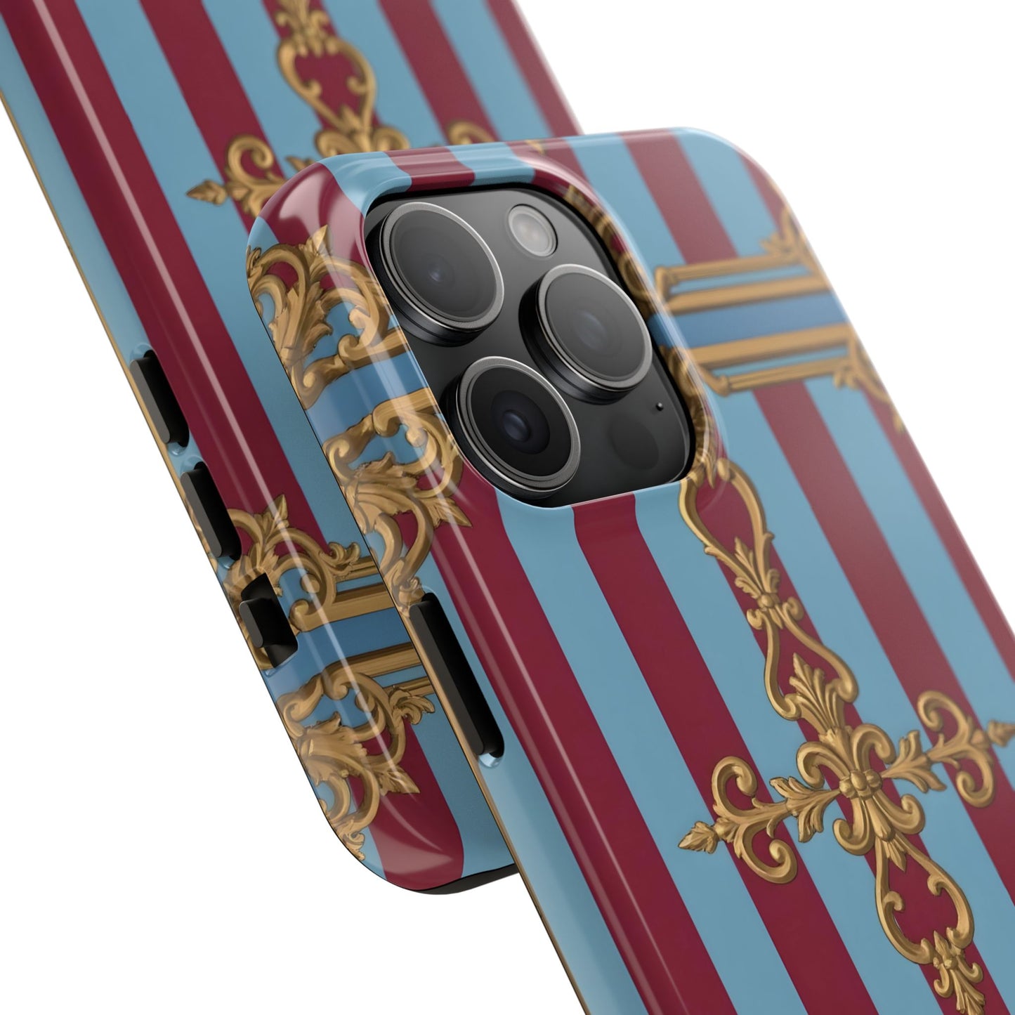 Elegant Patterned Tough Phone Cases, Stylish Phone Cover, Durable Phone Protection, Unique Gift Idea - Sky Blue & Maroon Striped Baroque