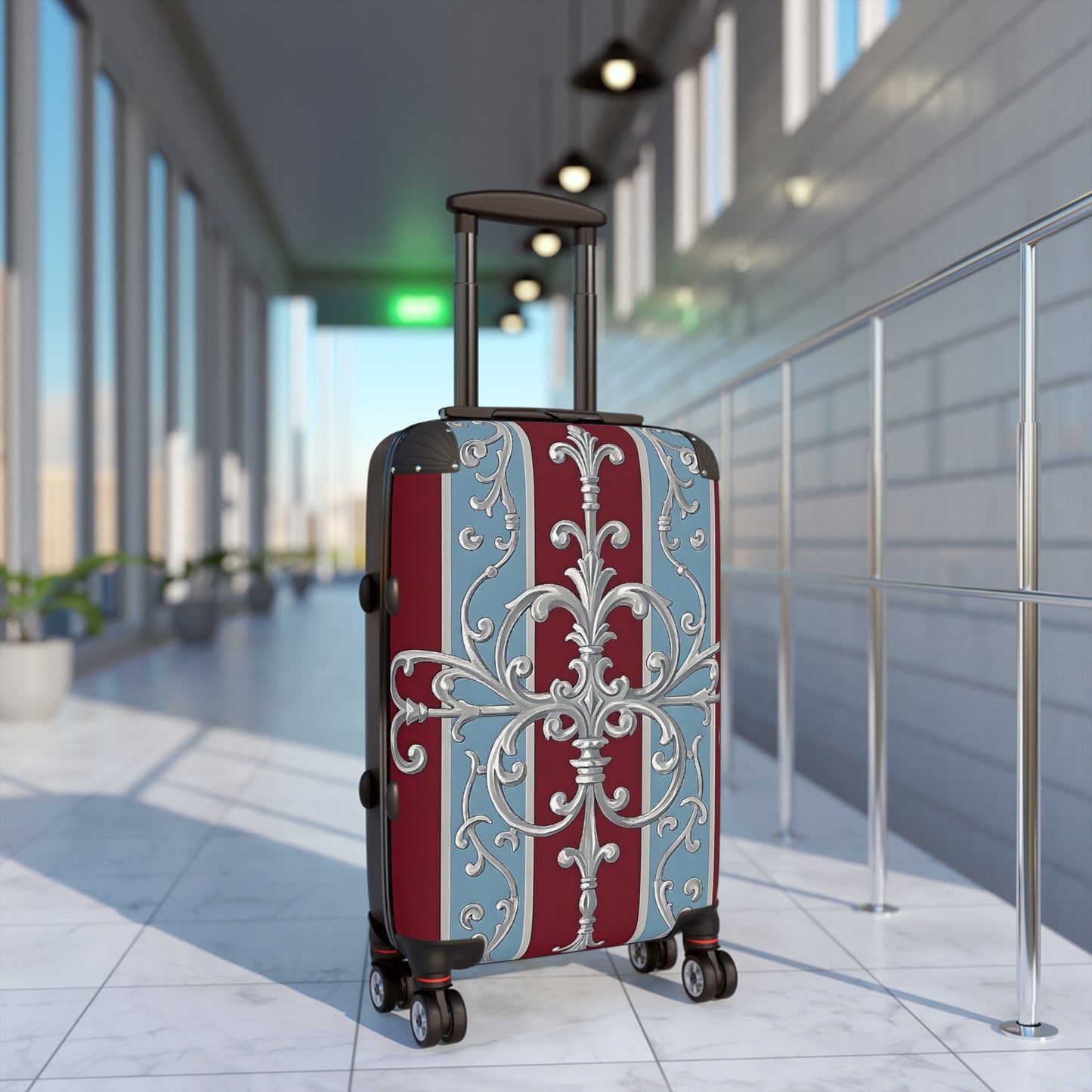 Stylish Travel Suitcase with Elegant Floral Design - Ice Blue & Burgundy Striped Baroque