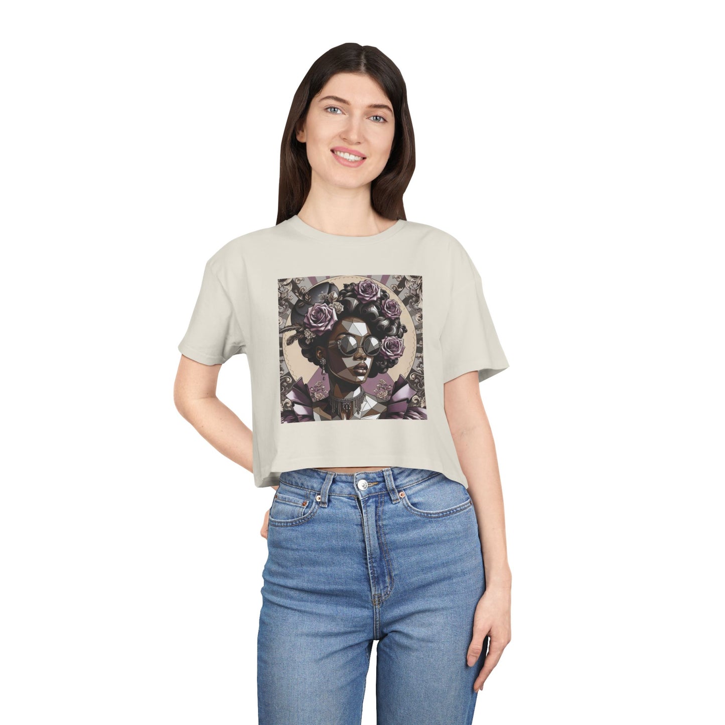 Poly Art Chic Women's Crop Tee - Floral Art Inspired Shirt, Casual Summer Wear, Festival Top, Vintage Style - Lilac Baroque Lady