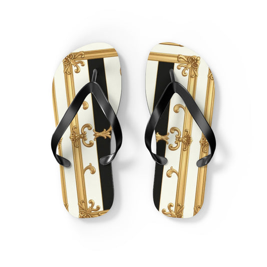 Chic Flip Flops with Elegant Design, Summer Sandals, Perfect Beach Footwear, Vacation Footwear - Black & White Striped Gold Baroque