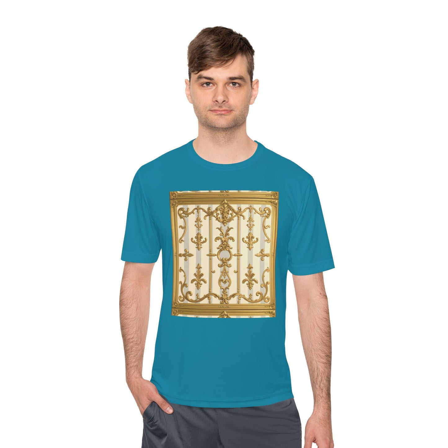 Elegant Gold Unisex Moisture Wicking Tee, Fashion Tee, Workout Shirt, Summer Style - Matte Gray & Cream Striped Gold Baroque