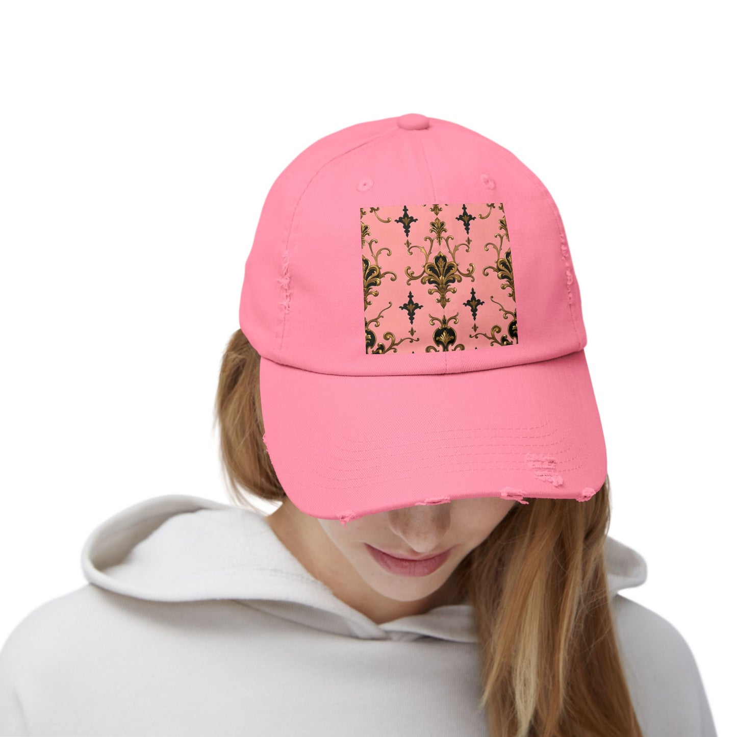 Chic Distressed Cap, Fashionable Baseball Hat, Casual Summer Headwear - Pink, Black & Gold Rococo