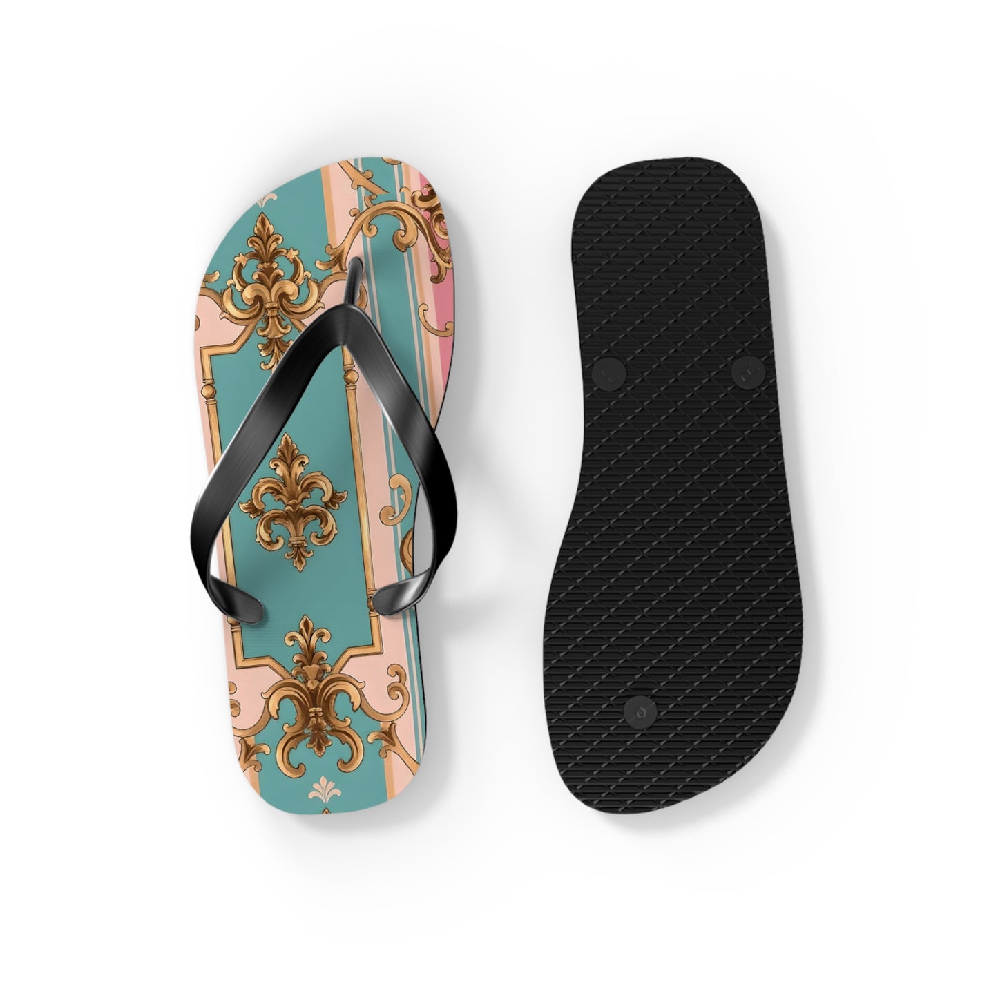 Stylish Flip Flops: Vintage Elegance for Summer Fun, Beachwear, Poolside, Vacation Essentials, Gift for Her - Pink & Matte Turquoise Striped Rococo
