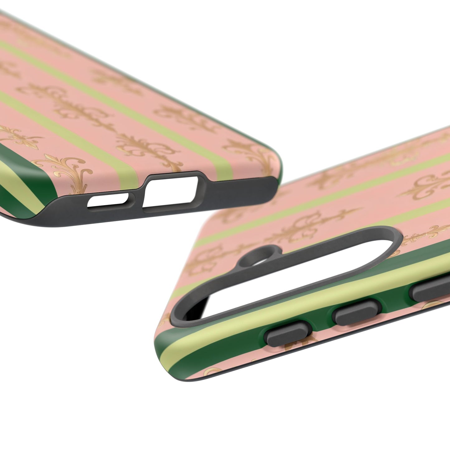 Elegant Floral Motif Phone Case - Tough Cases with Vintage Design - Lime Green & Pink Striped Damask