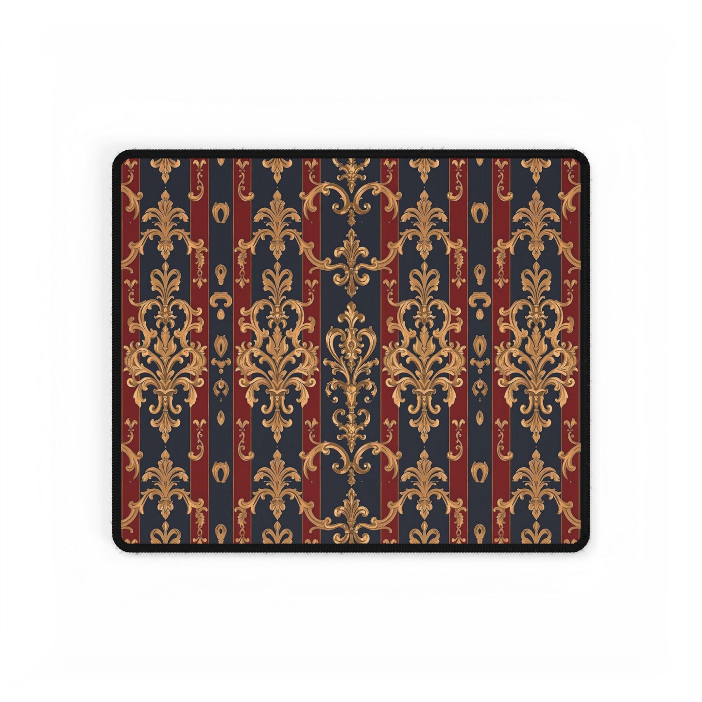 Elegant Floral Motif Desk Mat for Home Office Decor - Midnight Blue & Dusk Red Striped Gold Damask