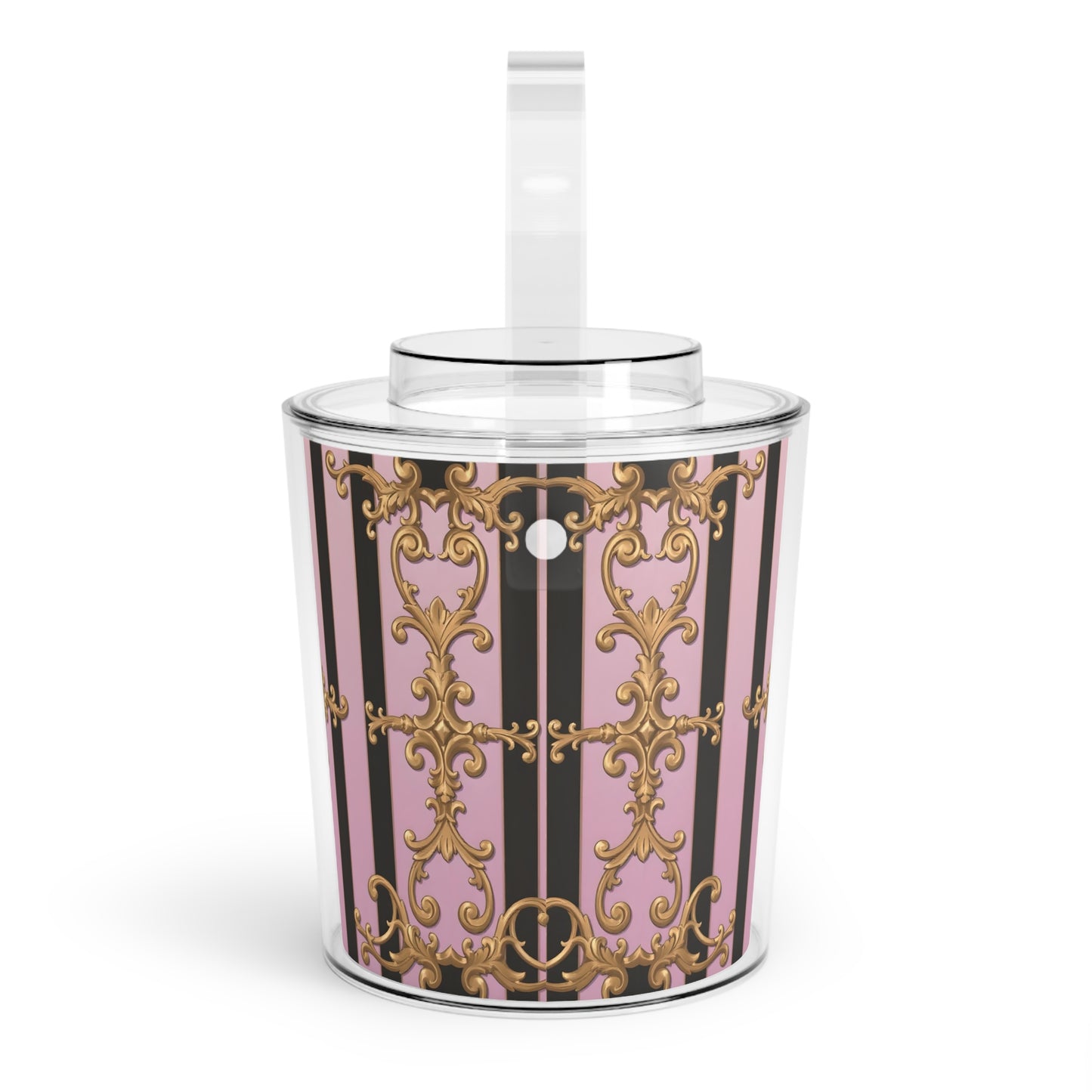 Chic Ice Bucket with Tongs, Elegant Drink Cooler, Party Essential, Home Bar Accessory - Matte Lavender & Black Striped Gold Baroque