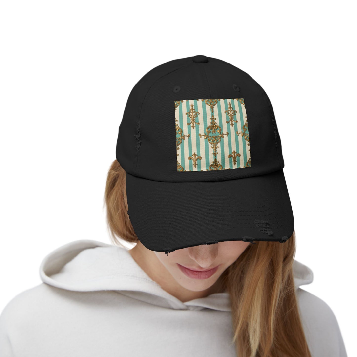 Stylish Unisex Distressed Cap with Vintage Pattern, Casual Hat for Everyday Wear, Gift for Birthdays - Matte Green Striped Rococo