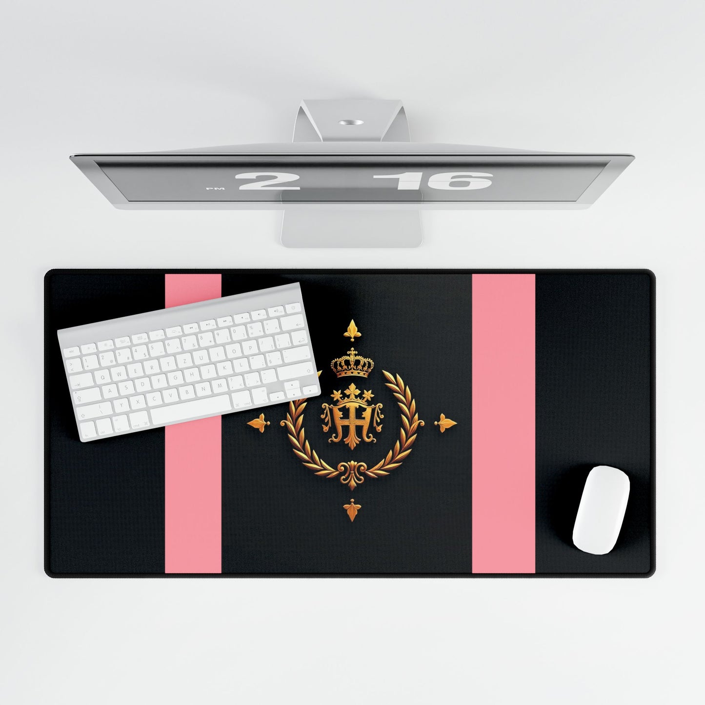 Elegant Desk Mats for Home Office, Stylish Workstation Accessories, Decorative Mouse Pads, Personalized Desk Protectors - Pink Striped Gold Crest