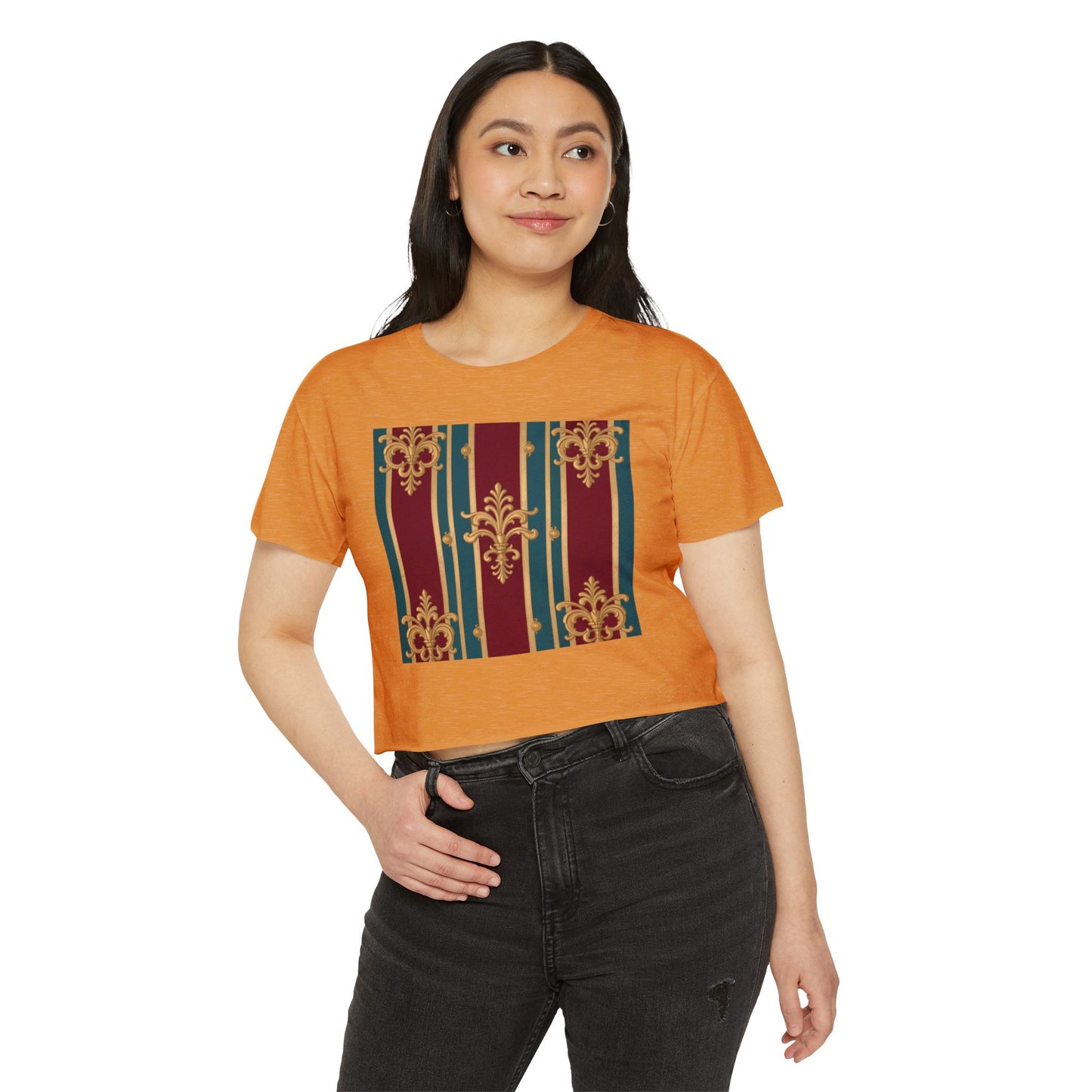 Baroque Chic Festival Crop Top | Women’s Floral Summer Tee, Outdoor Concert Wear, Vacation Top - Burgundy Striped Gold Baroque