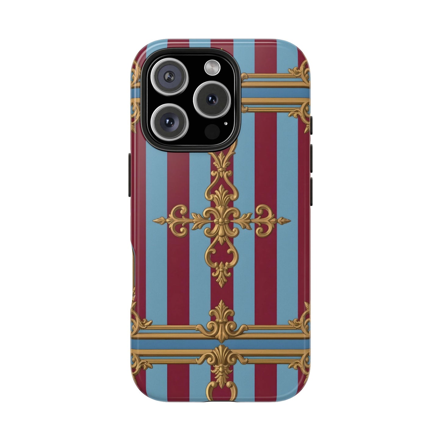 Elegant Patterned Tough Phone Cases, Stylish Phone Cover, Durable Phone Protection, Unique Gift Idea - Sky Blue & Maroon Striped Baroque