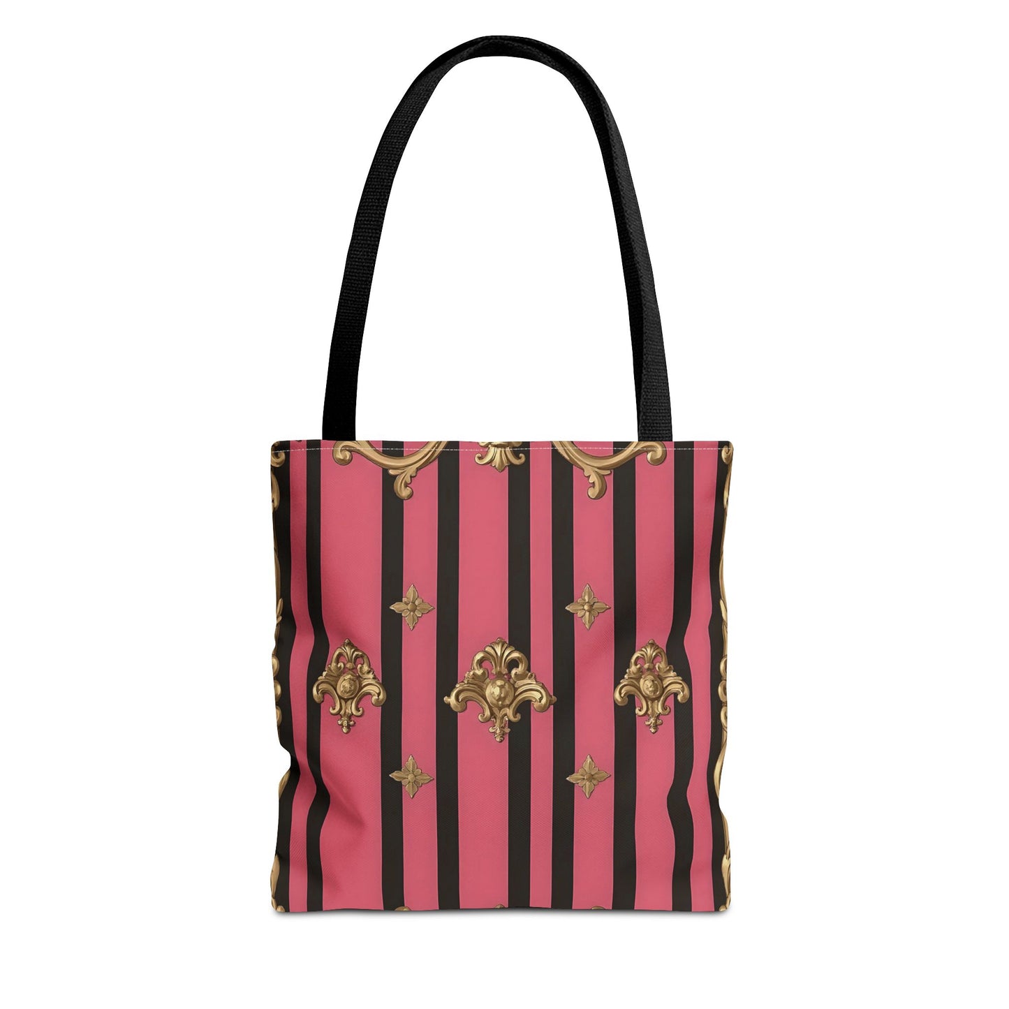 Chic Floral Tote Bag - Elegant Reusable Shopping Bag, Fashion Accessory, Gift for Her, Everyday Use, Eco-Friendly - Pink Striped Gold Rococo
