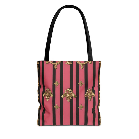 Chic Floral Tote Bag - Elegant Reusable Shopping Bag, Fashion Accessory, Gift for Her, Everyday Use, Eco-Friendly - Pink Striped Gold Rococo