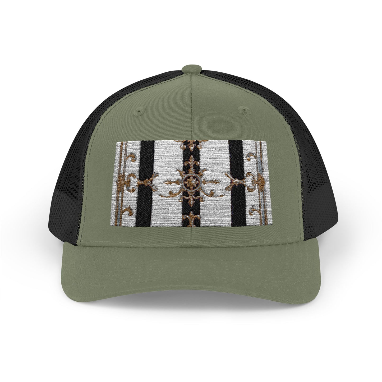 Trendy Snapback Trucker Cap, Casual Fashion Hat, Summer Accessory, Gift Idea for Cool Teens, Outdoor Activities - Black & White Striped Gold Baroque