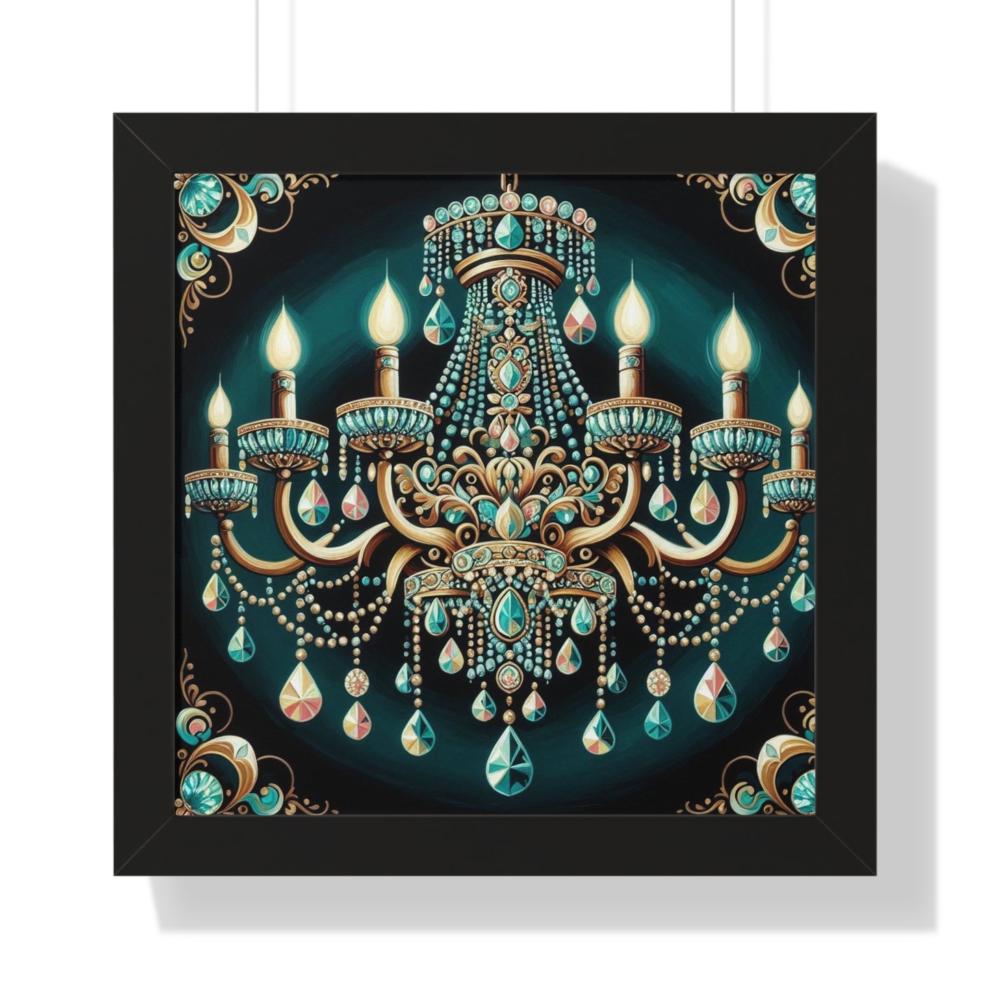 Elegant Chandelier Art Print, Framed Vertical Poster, Home Decor, Wall Art, Gift for Her, Luxury Interior Decoration - Teal Jeweled Chandelier