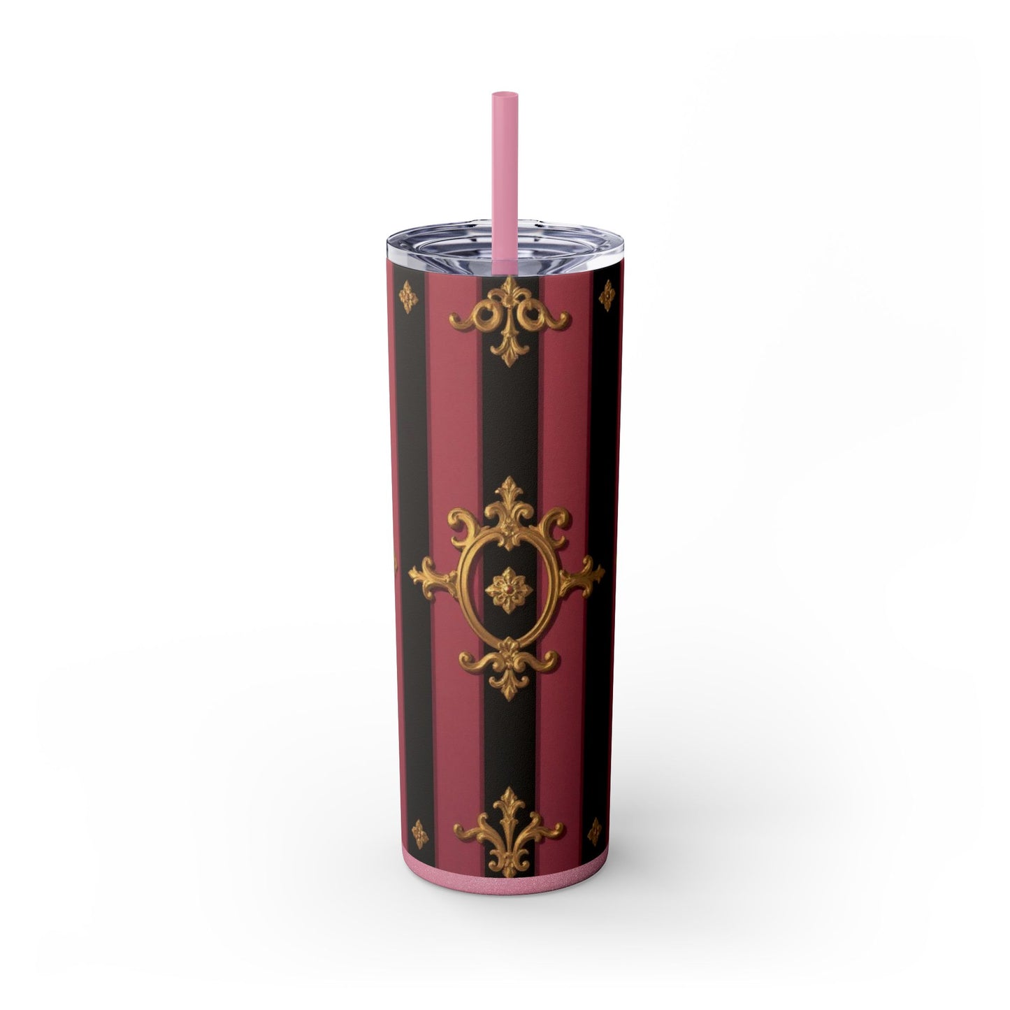 Elegant Black & Mauve Striped Gold Baroque Striped Skinny Tumbler with Straw, 20oz | Vintage Gold Accent Drinkware, Wedding Gift, Party Favor, Travel Mug