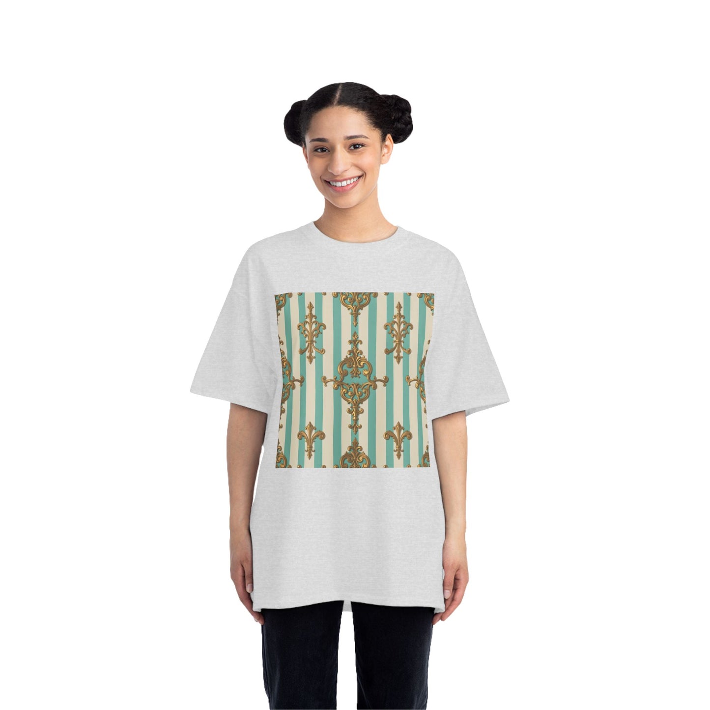 Elegant Patterned Short-Sleeve T-Shirt, Fashion Tee, Casual Wear, Gift for Her, Summer Style, Unique Design - Matte Green Striped Rococo