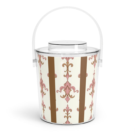 Elegant Decorative Ice Bucket with Tongs, Perfect for Parties, Weddings, Home Bars, Holiday Gatherings, Gift for Hosts - Brown Striped Pink Arabesque