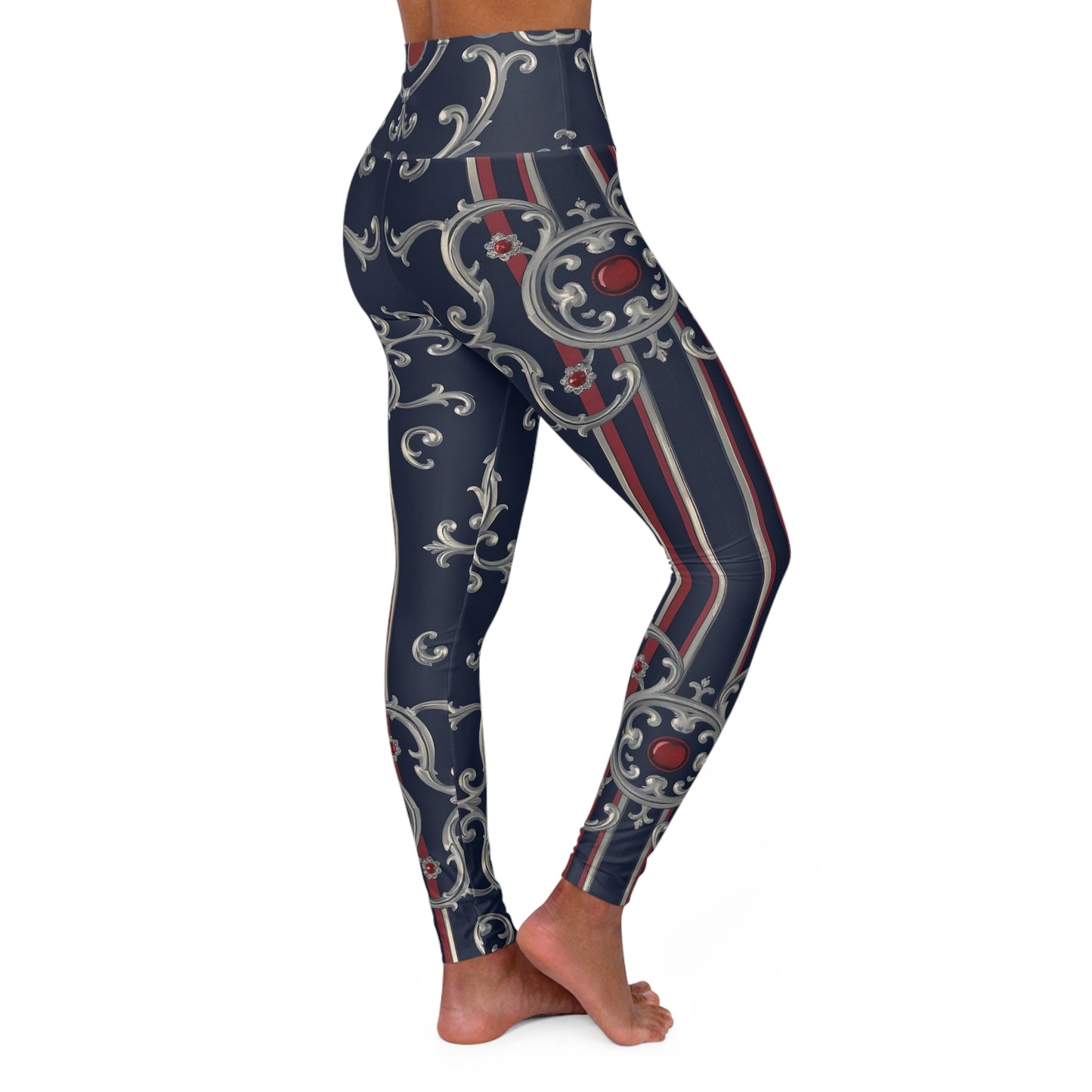 Stylish High Waisted Yoga Leggings, Comfortable Activewear, Fitness Gift, Leggings for Women, Trendy Sportswear - Blue & Red Striped Silver Baroque