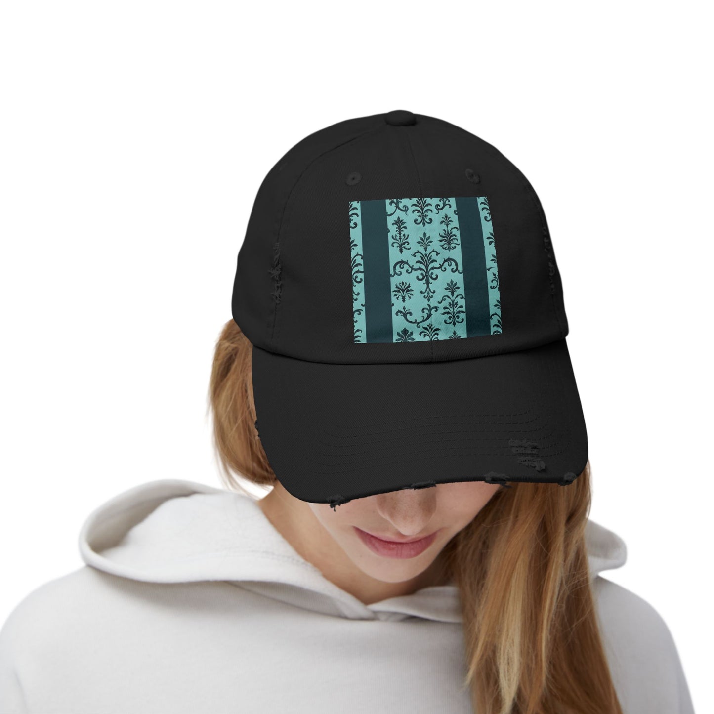 Vintage-Inspired Distressed Cap, Cool Baseball Hat, Casual Headwear, Summer Accessory, Gift for Him Her - Teal Striped Rococo