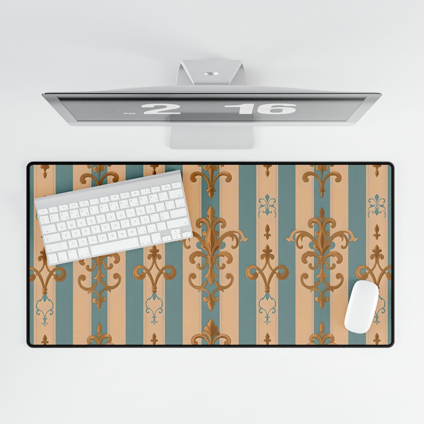 Elegant Floral Motif Desk Mat for Home Office Decor - Beige & Sky Blue Striped Gold Damask