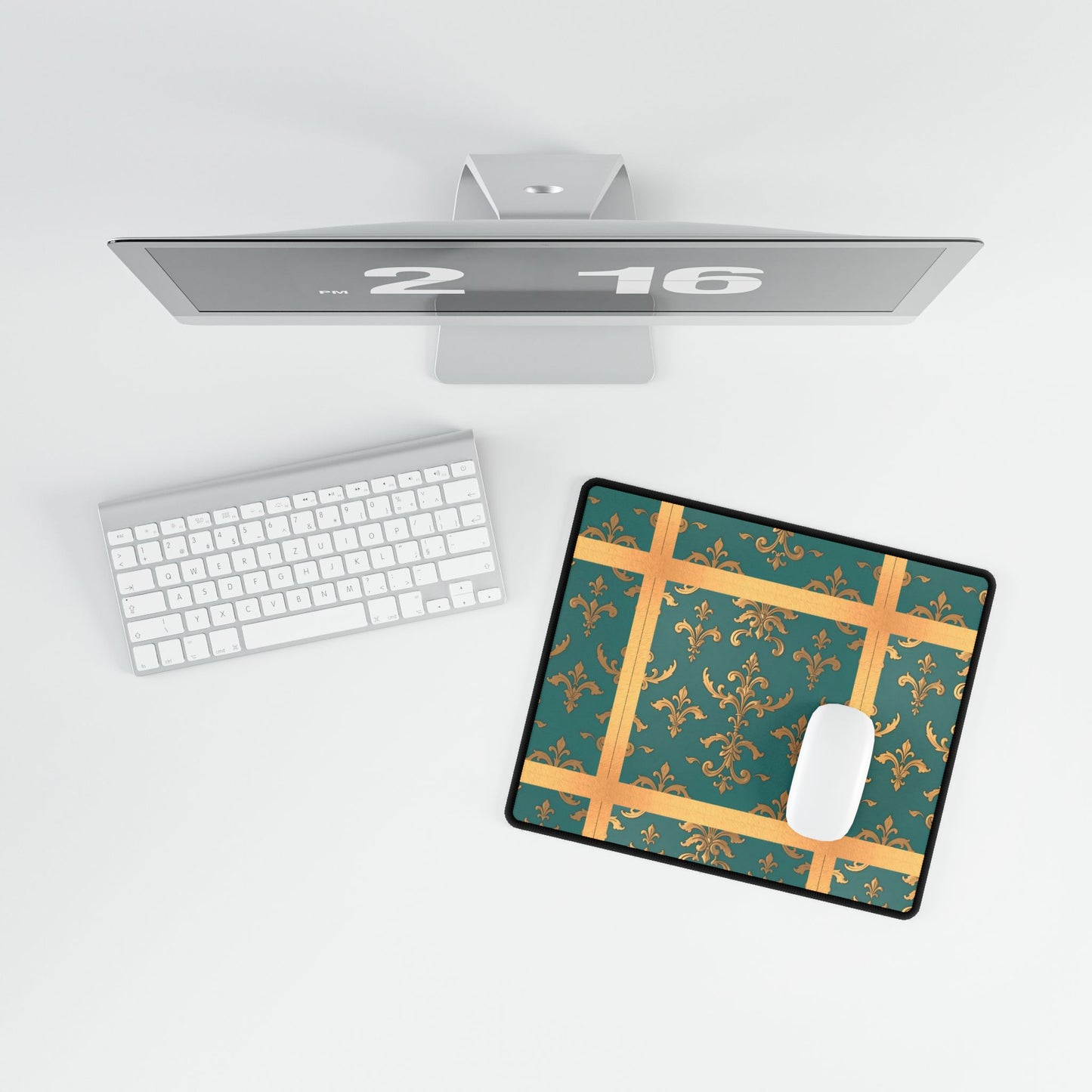 Elegant Floral Desk Mat for Home Office Decor - Aqua & Gold Damask