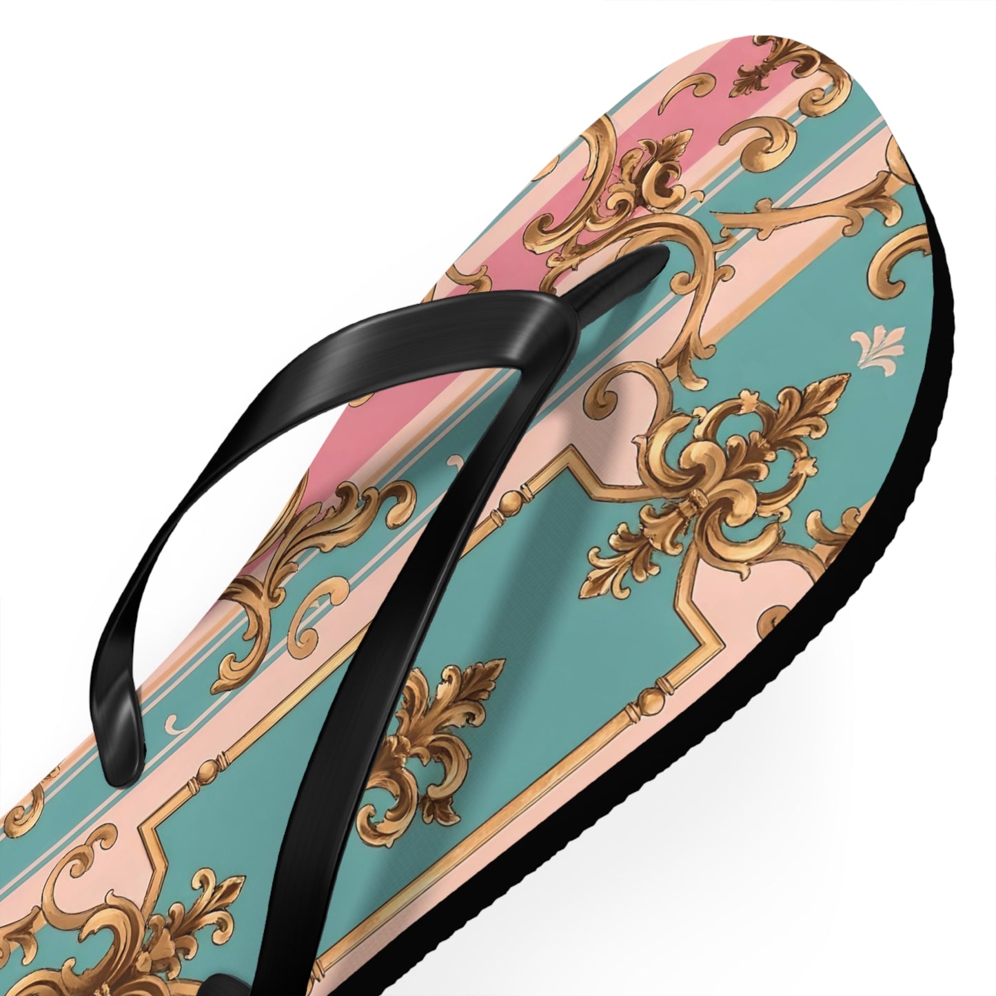 Stylish Flip Flops: Vintage Elegance for Summer Fun, Beachwear, Poolside, Vacation Essentials, Gift for Her - Pink & Matte Turquoise Striped Rococo