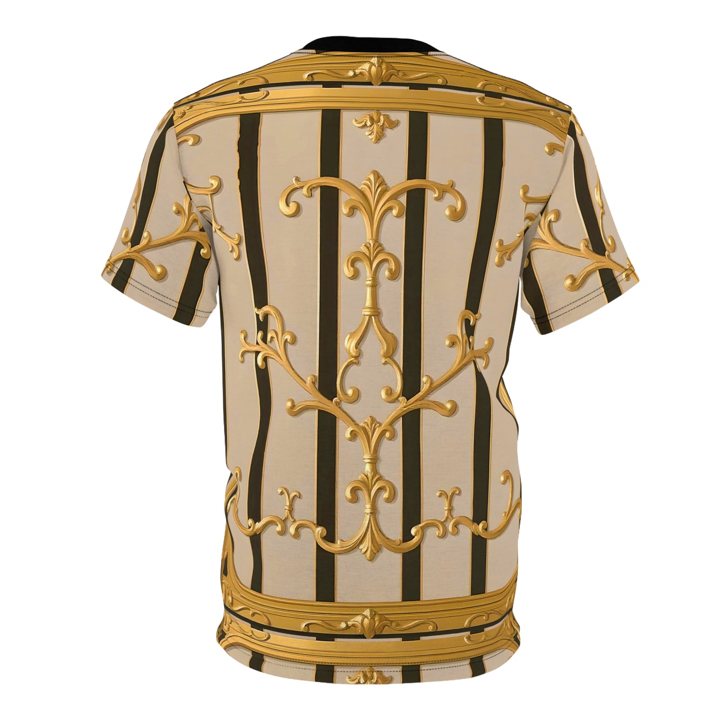 Luxurious Baroque Unisex Tee, Gold and Black Fashion Shirt for Casual Wear - Beige Striped Gold Rococo