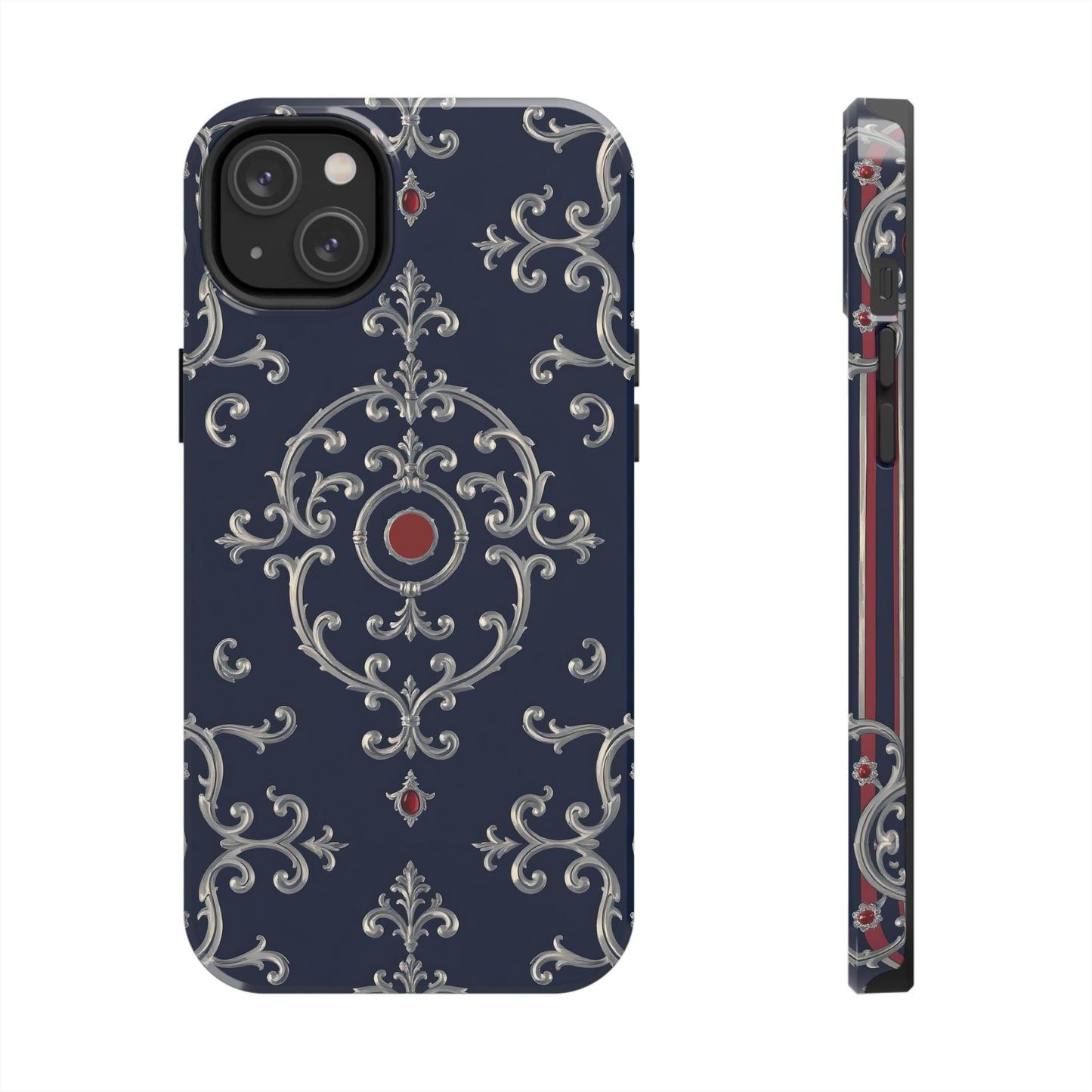 Elegant Patterned Tough Phone Cases for Stylish Protection, Gift for Her, Unique Accessories - Blue & Red Striped Silver Baroque