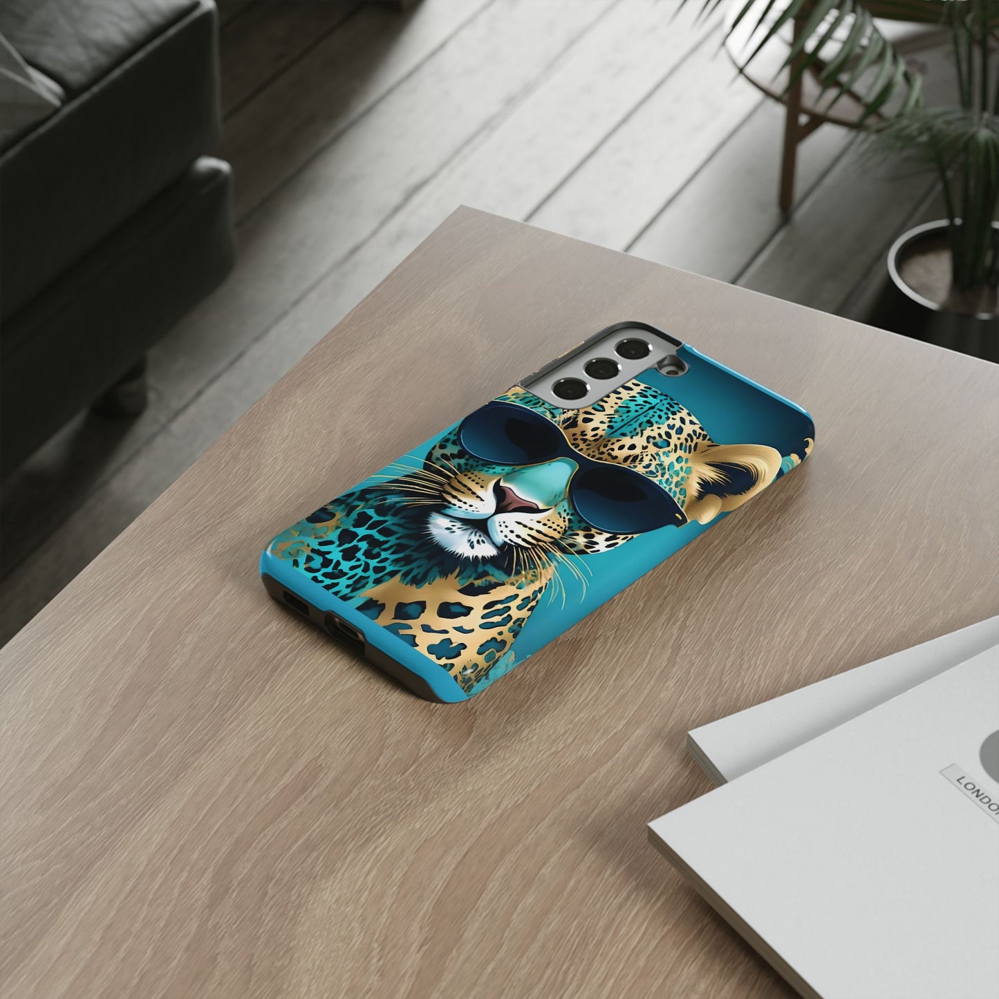 Phone Case - Aqua & Gold Leopard In Sunglasses Design