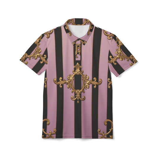 Chic Baroque Unisex Polo Shirt, Fashion Polo, Trendy Summer Wear, Stylish Casual Shirt - Matte Lavender & Black Striped Gold Baroque