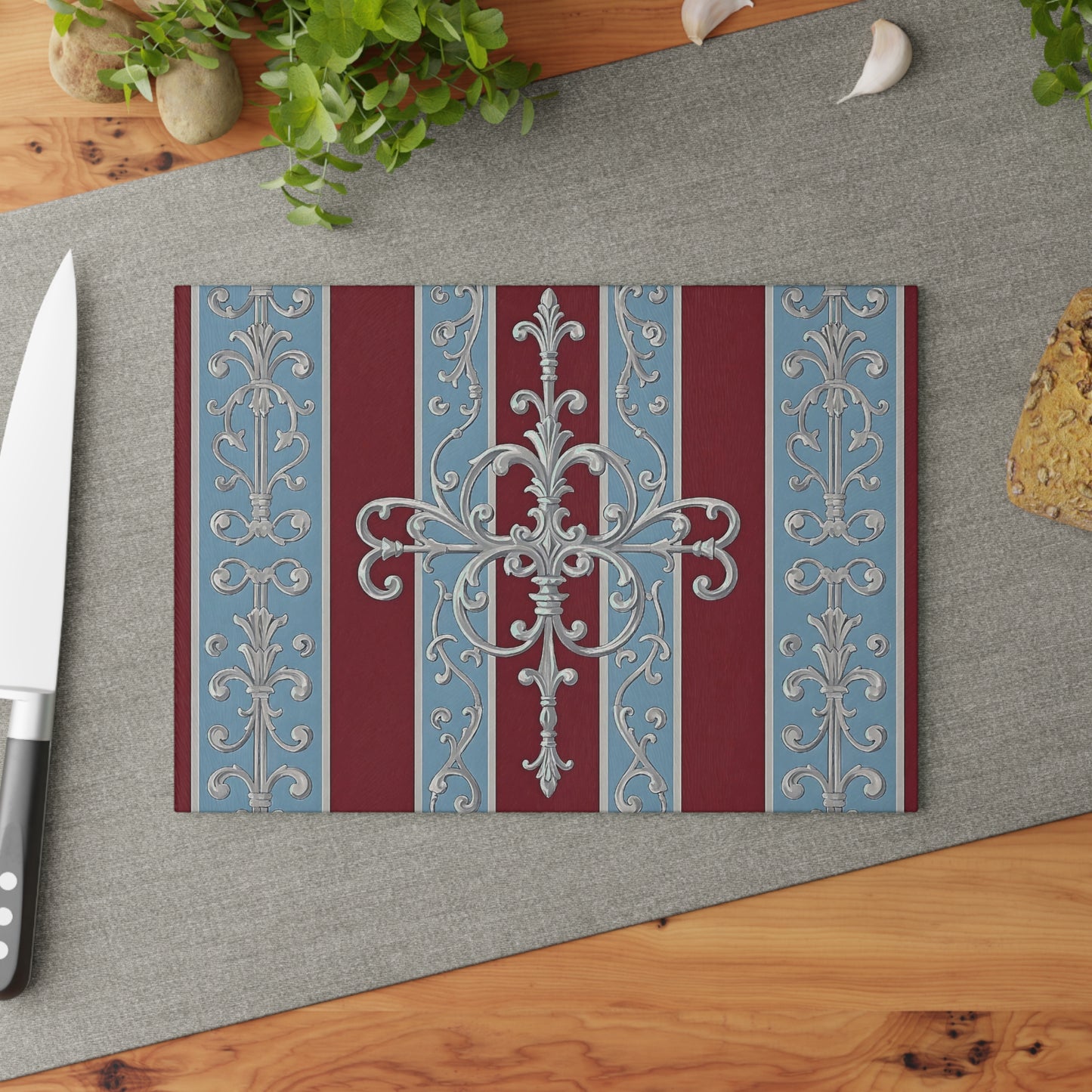 Elegant Floral Cutting Board for Home Chefs, Kitchen Decor, Gift for Weddings, Housewarmings - Ice Blue & Burgundy Striped Baroque