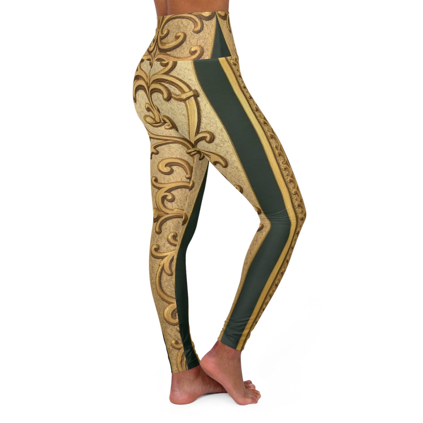 Ornate Teal Striped Gold Baroque High Waisted Yoga Leggings, Workout Pants, Activewear, Fitness Gear, Fashion Leggings, Gift for Yoga Lovers