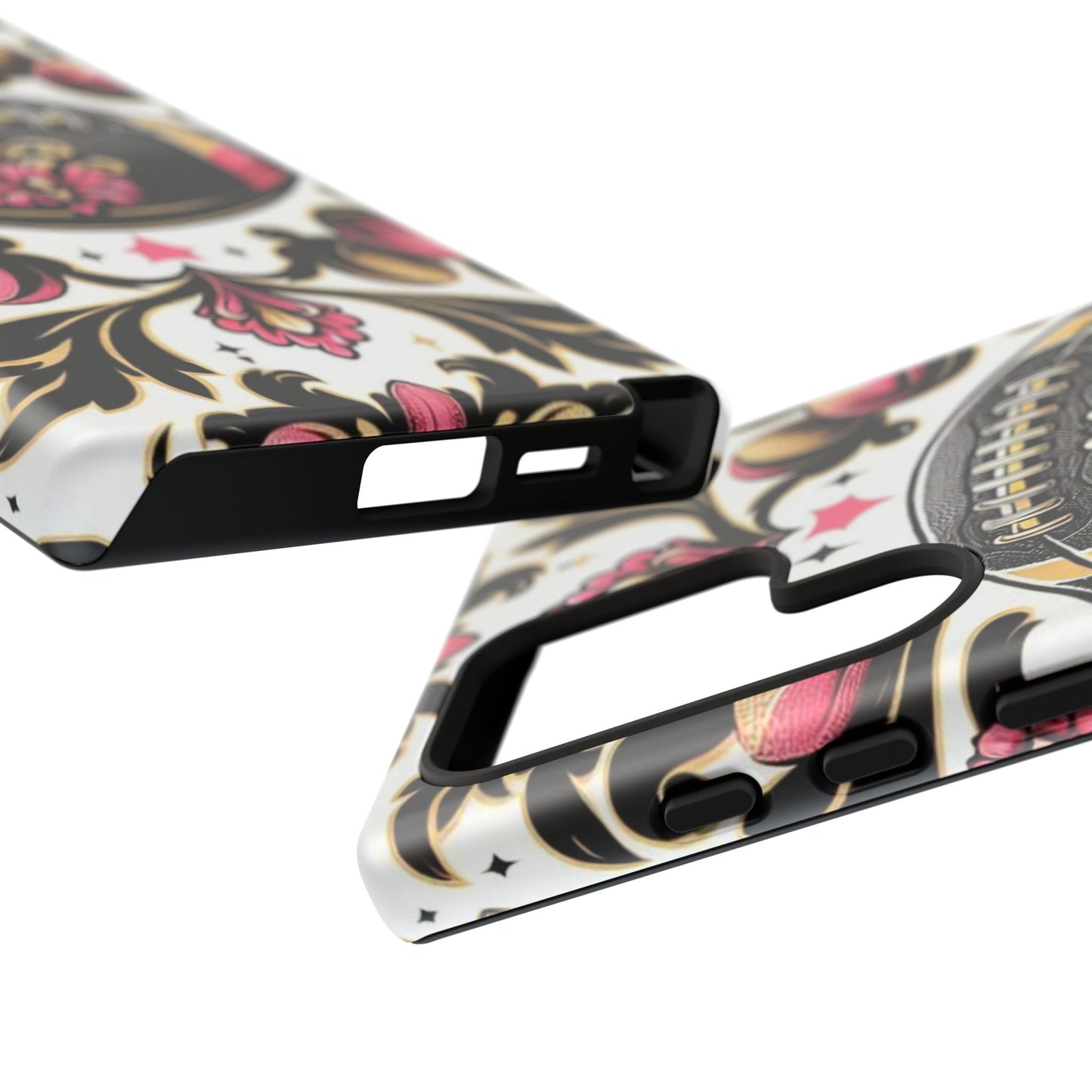 Elegant Floral Motif Phone Case - Tough Cases with Vintage Design - Damask White, Pink Gold & Black Football