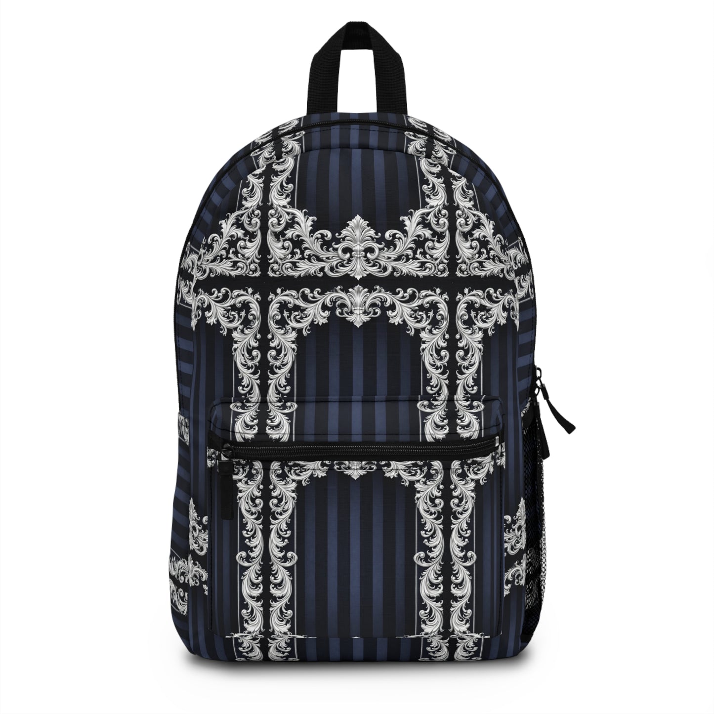 Navy Stripes & Baroque Backpack — Vintage Ornate Scroll Pattern, Navy & Silver