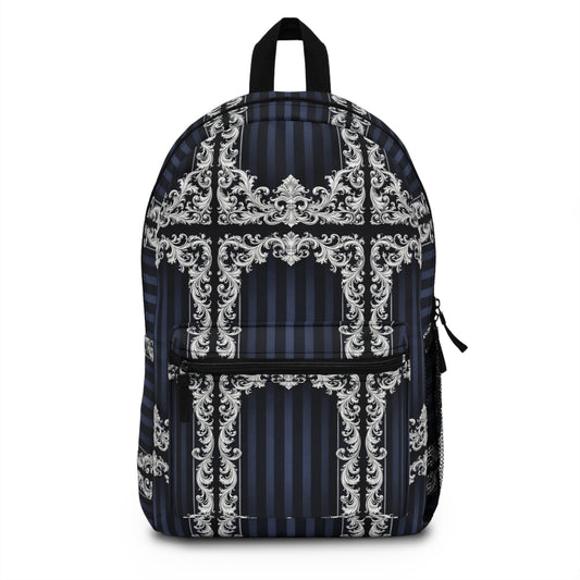 Navy Stripes & Baroque Backpack — Vintage Ornate Scroll Pattern, Navy & Silver