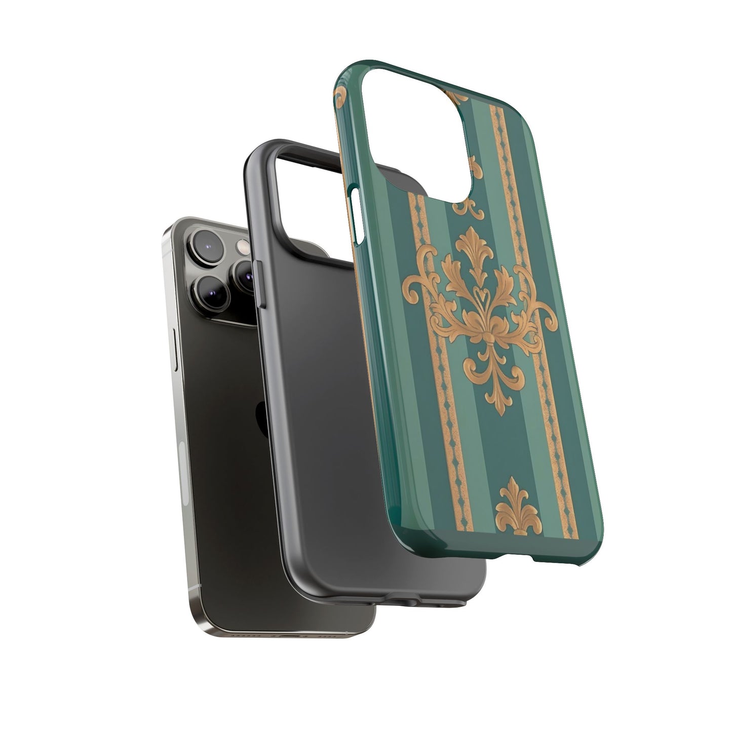 Elegant Floral Motif Phone Case - Tough Cases with Vintage Design - Teal Striped Gold Damask