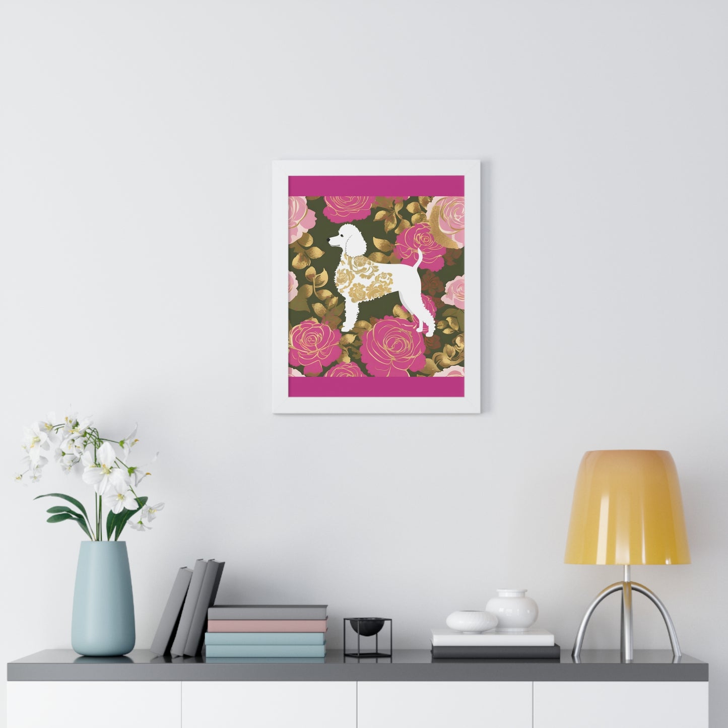 Vertical Poster - Stylish Framed - Art for Home Decor - Damask White Poodle & Pink Roses