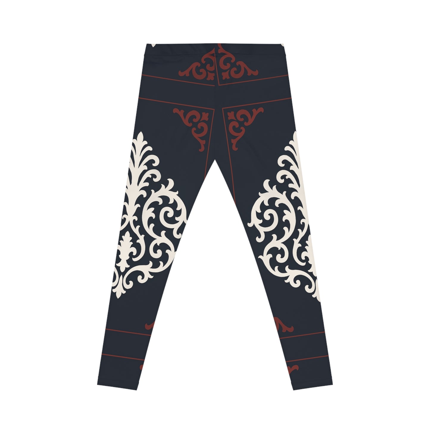 Dusk Blue & Maroon-White Baroque Print Leggings — Women's All-Over-Print Casual Leggings