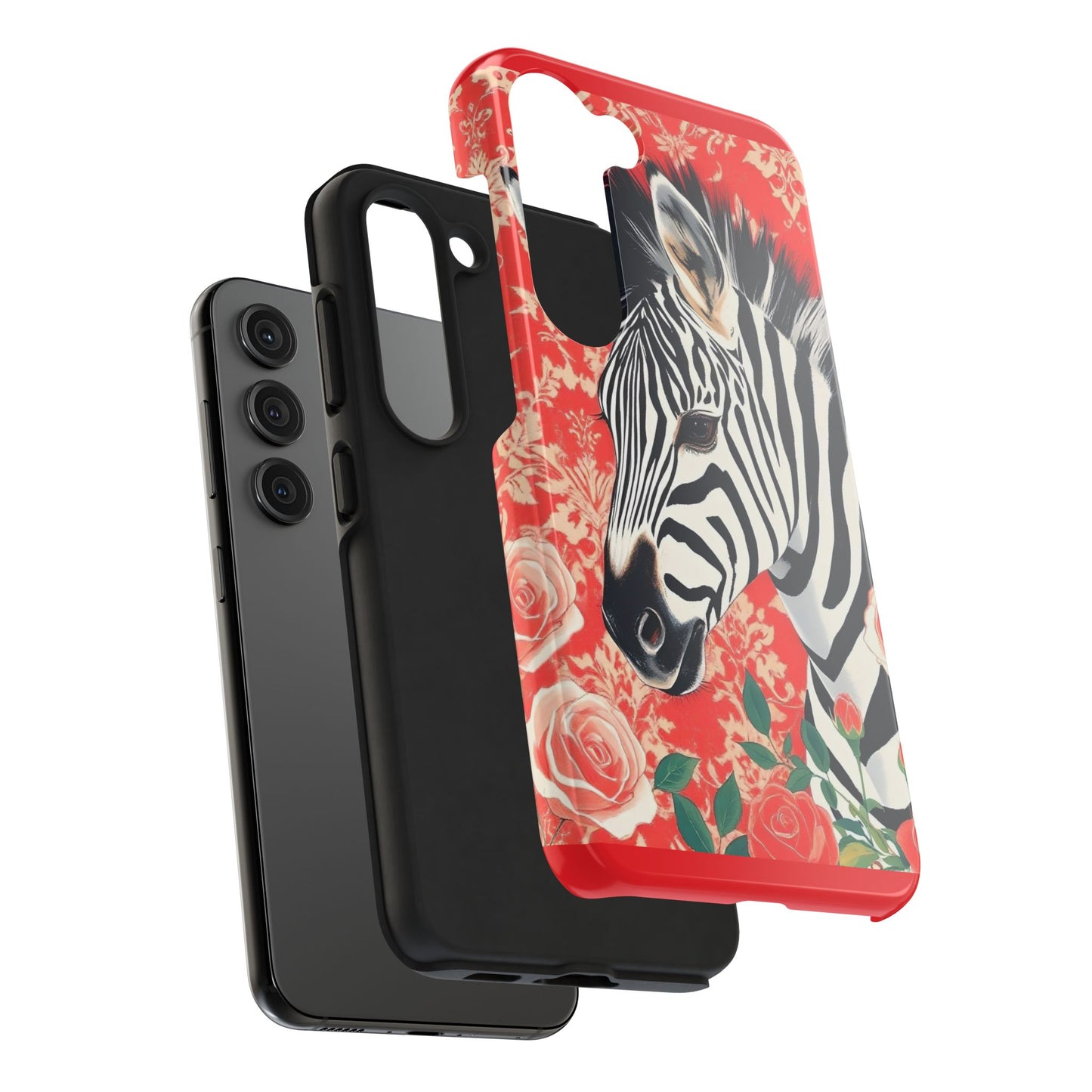 Zebra Tough Phone Case - Trendy Floral Design for Animal Lovers - Zebra With Coral Roses & Damask
