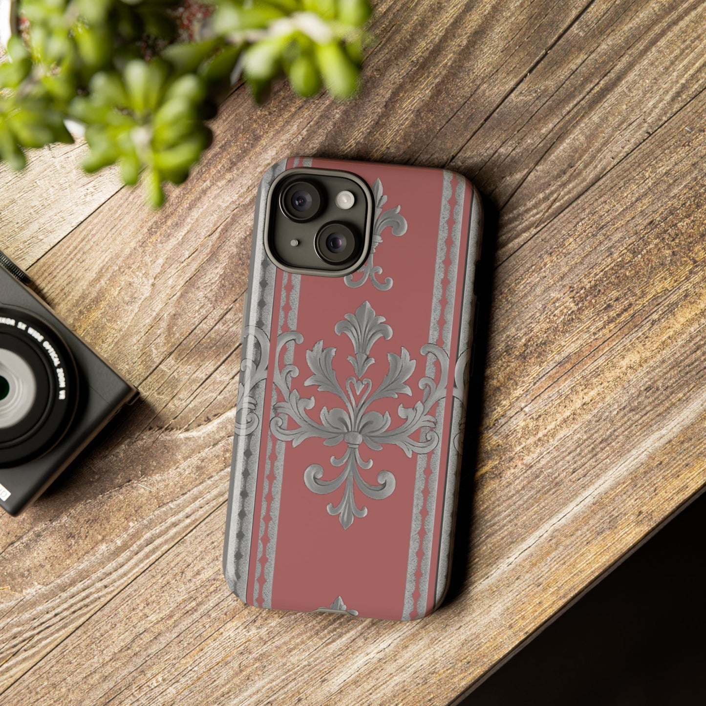 Elegant Floral Phone Case - Tough Cases for Stylish Protection - Gray & Mauve Striped Baroque