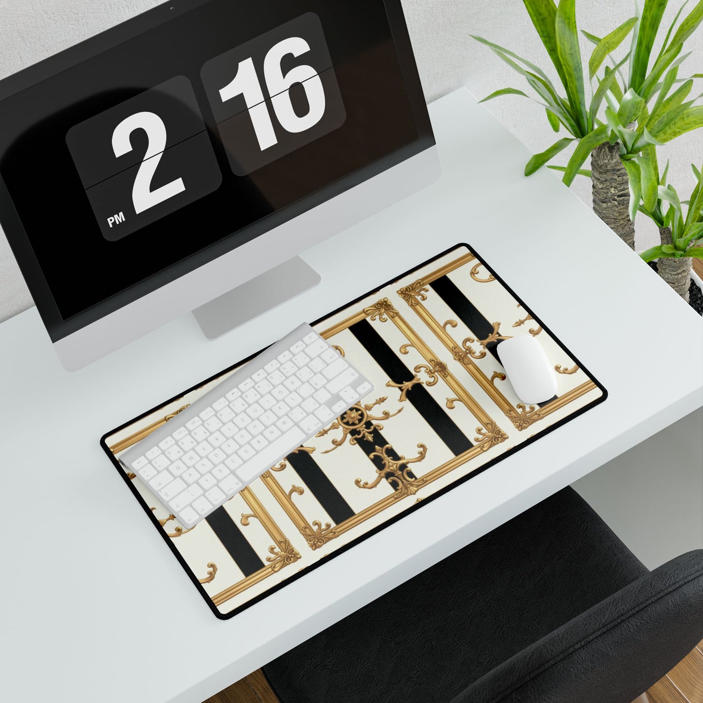 Elegant Desk Mats for Home Office, Stylish Desk Accessories, Chic Workstation Decor, Perfect Gift for Boss's Day - Black & White Striped Gold Baroque