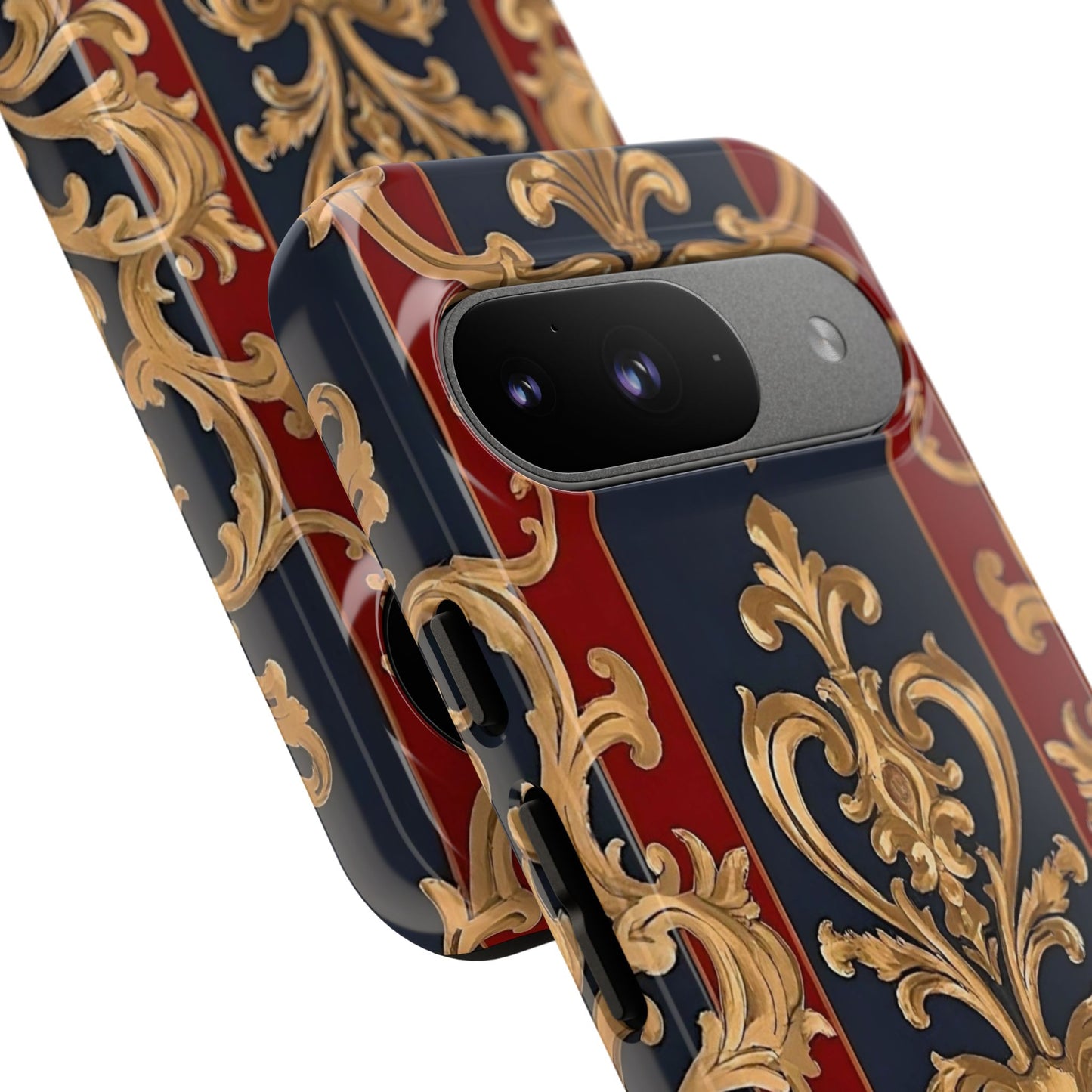 Elegant Floral Motif Phone Case - Tough Cases with Vintage Design - Midnight Blue & Dusk Red Striped Gold Damask