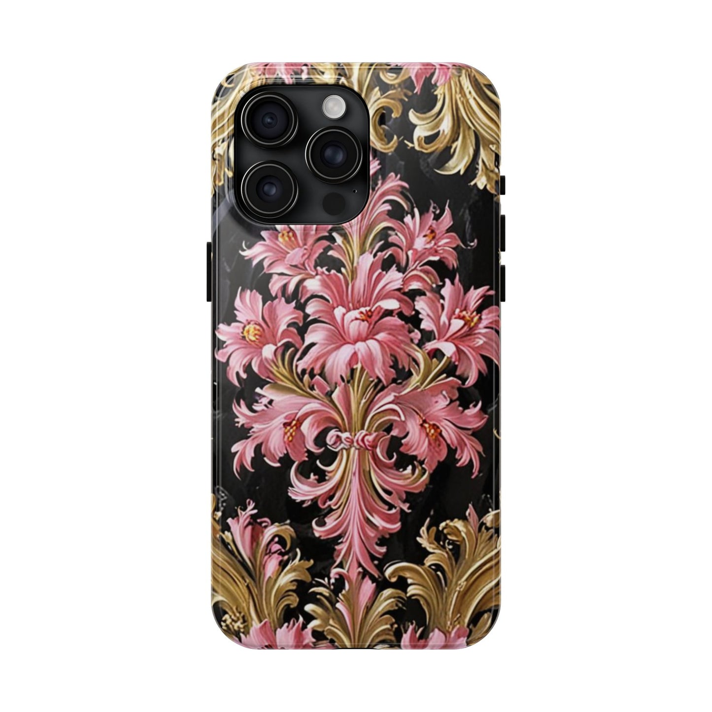 Elegant Floral Tough Phone Cases | Stylish Protection for Her | Gift for Birthdays - Black & Pink Oil Painting Style Rococo